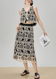 French Black Embroidered Lace Up Tank And Skirts Cotton Two Pieces Set Sleeveless