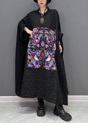 French Black printing Wrinkled Dresses Gown Batwing Sleeve