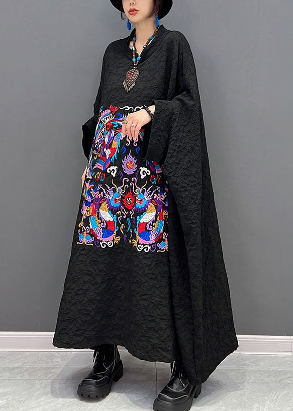 French Black printing Wrinkled Dresses Gown Batwing Sleeve