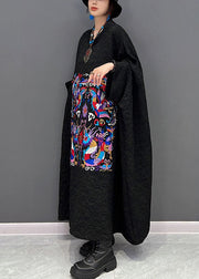 French Black printing Wrinkled Dresses Gown Batwing Sleeve