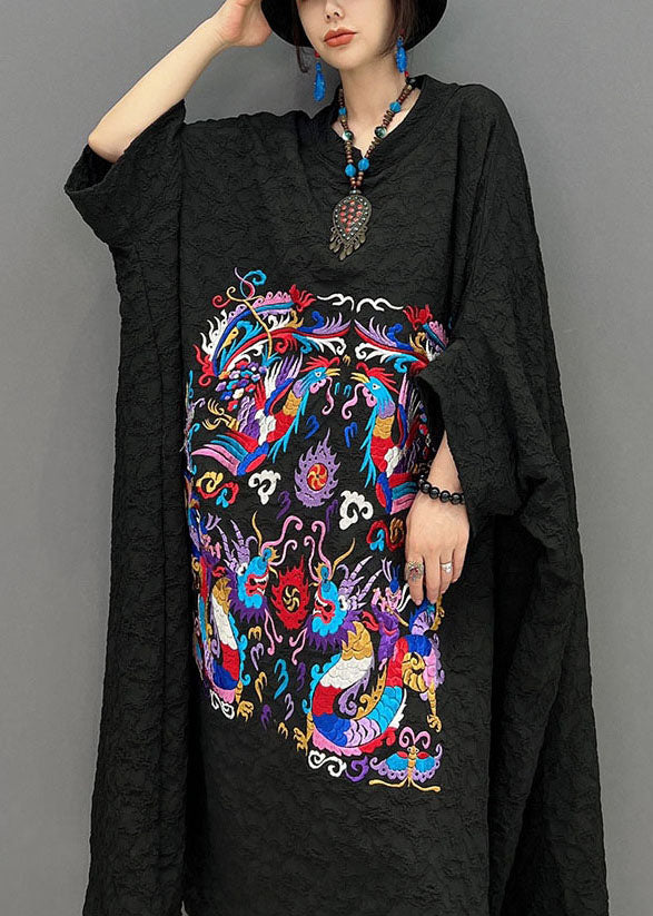 French Black printing Wrinkled Dresses Gown Batwing Sleeve