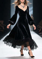 French Black Exra Large Hem Patchwork Lace Silk Velvet Dresses Spring