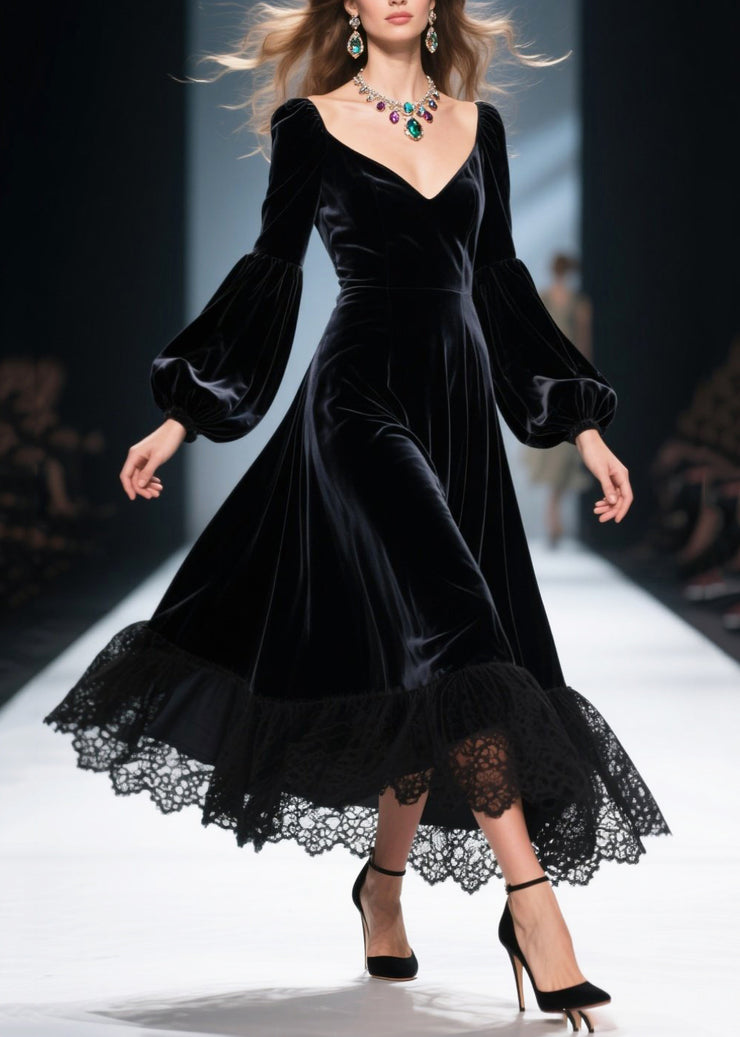 French Black Exra Large Hem Patchwork Lace Silk Velvet Dresses Spring