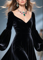 French Black Exra Large Hem Patchwork Lace Silk Velvet Dresses Spring