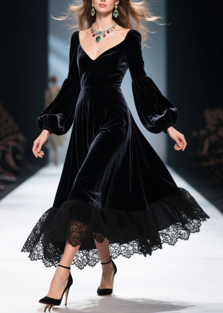 French Black Exra Large Hem Patchwork Lace Silk Velvet Dresses Spring