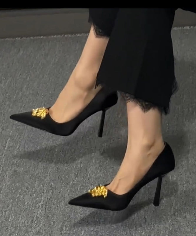 French Black Faux Leather Splicing High Heels Pointed Toe