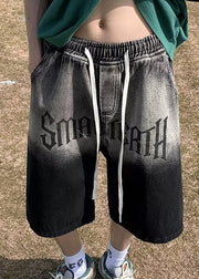 French Black Gradient Color Print Denim Elastic Waist Pockets Mens Shorts