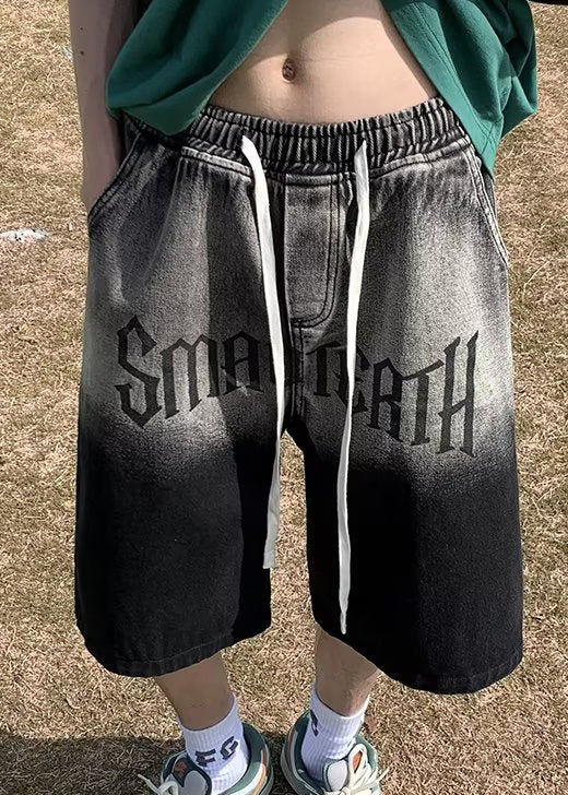 French Black Gradient Color Print Denim Elastic Waist Pockets Mens Shorts