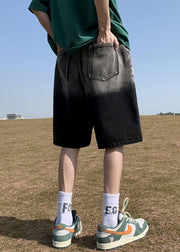 French Black Gradient Color Print Denim Elastic Waist Pockets Mens Shorts