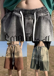 French Black Gradient Color Print Denim Elastic Waist Pockets Mens Shorts