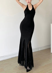 French Black Halter Patchwork Lace Party Dresses Summer