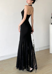 French Black Halter Patchwork Lace Party Dresses Summer
