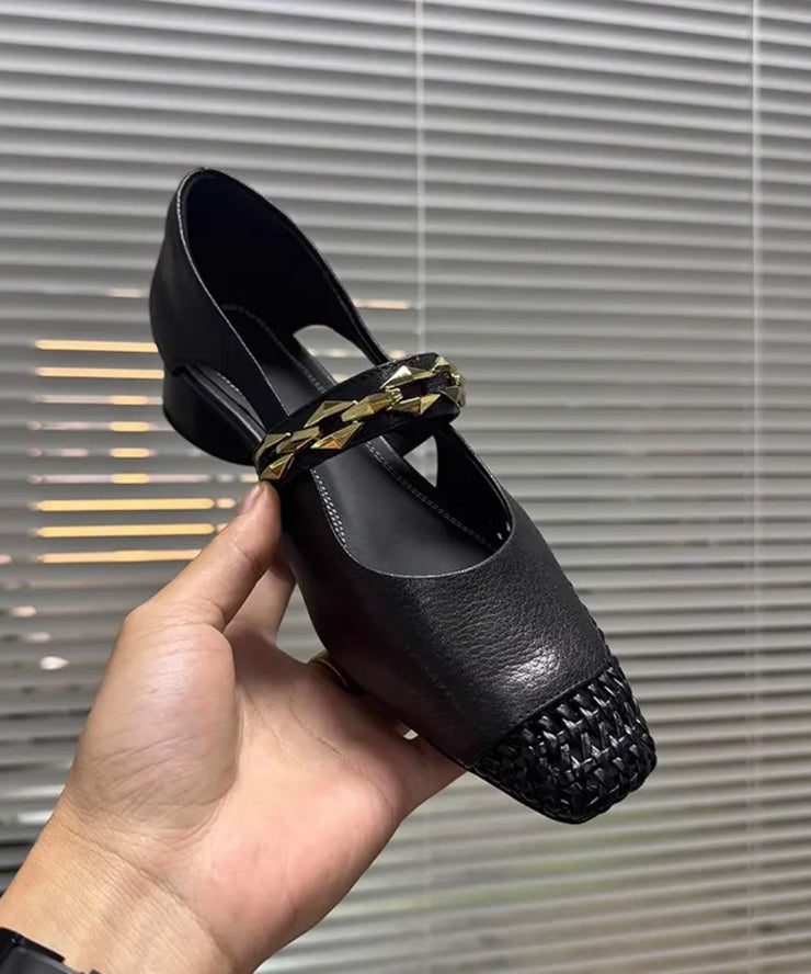 French Black Hollow Out Breathable Woven Square Toe Chunky Sandals