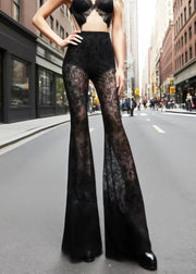 French Black Hollow Out Patchwork Lace Flared Trousers Summer