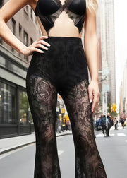 French Black Hollow Out Patchwork Lace Flared Trousers Summer