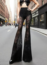 French Black Hollow Out Patchwork Lace Flared Trousers Summer