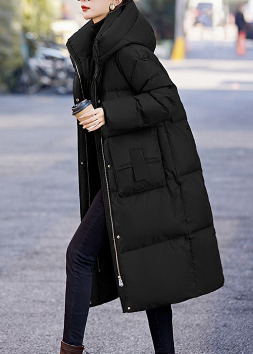 French Black Hooded Pockets Duck Down Winter Coats
