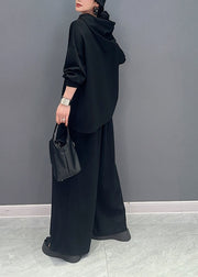 French Black Hooded Zippered Cotton Pullover Sweatshirt Two Piece Set Spring