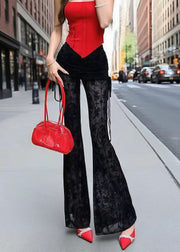 French Black Jacquard Drawstring Lace Flared Trousers Summer