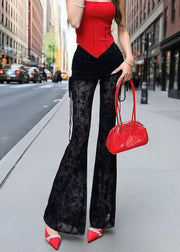 French Black Jacquard Drawstring Lace Flared Trousers Summer