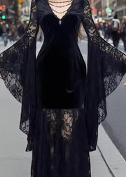 French Black Lace Patchwork Silk Velvet Evening Dresses Flare Sleeve