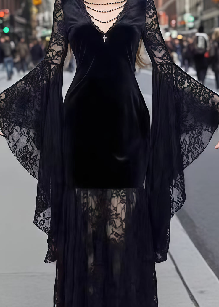 French Black Lace Patchwork Silk Velvet Evening Dresses Flare Sleeve