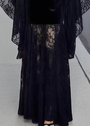 French Black Lace Patchwork Silk Velvet Evening Dresses Flare Sleeve