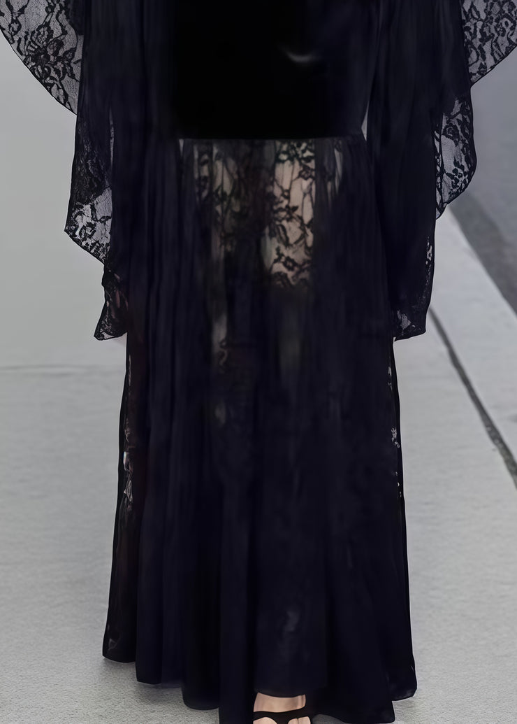 French Black Lace Patchwork Silk Velvet Evening Dresses Flare Sleeve