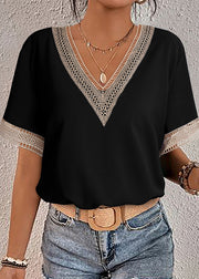 French Black Lace Patchwork T Shirts Summer
