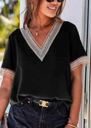 French Black Lace Patchwork T Shirts Summer