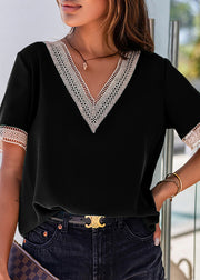 French Black Lace Patchwork T Shirts Summer