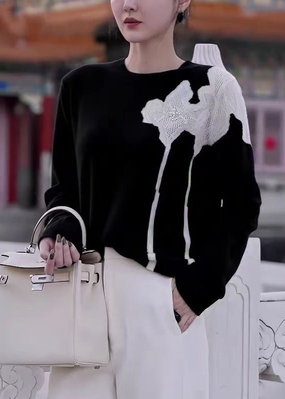French Black O Neck Floral Nail Bead Knit Sweater Fall