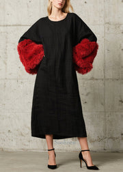 French Black O-Neck Patchwork Faux Fur Straight Dresses Fall
