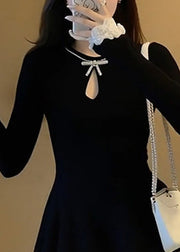 French Black O-Neck Patchwork Vacation Mid Dress Fall