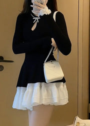 French Black O-Neck Patchwork Vacation Mid Dress Fall