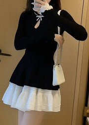 French Black O-Neck Patchwork Vacation Mid Dress Fall