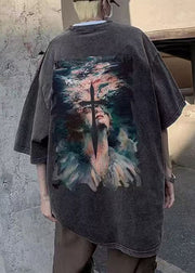 French Black O Neck Print Cotton Men T Shirt Half Sleeve