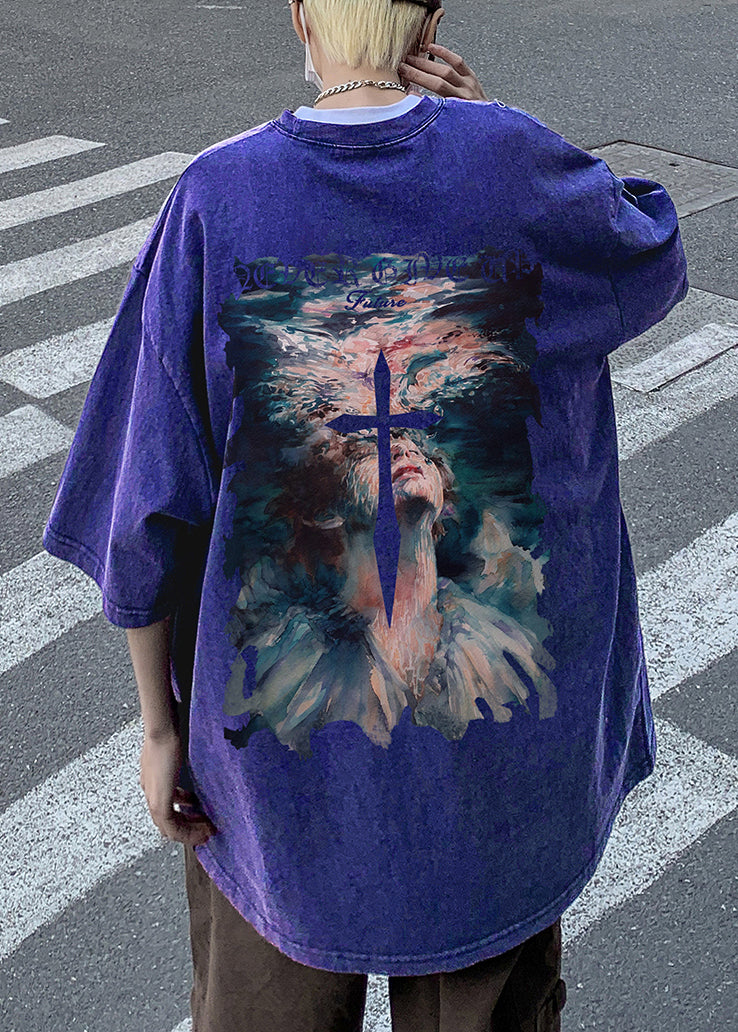 French Black O Neck Print Cotton Men T Shirt Half Sleeve