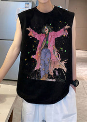 French Black O-Neck Print Cotton Mens Tanks Sleeveless