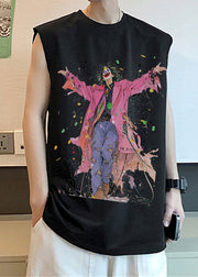 French Black O-Neck Print Cotton Mens Tanks Sleeveless