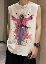French Black O-Neck Print Cotton Mens Tanks Sleeveless