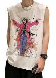 French Black O-Neck Print Cotton Mens Tanks Sleeveless
