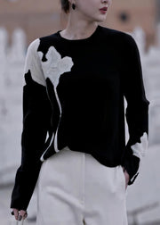 French Black O Neck Print Nail Bead Knit Sweater Fall