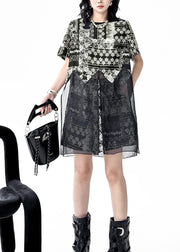 French Black O Neck Print Organza Two Pieces Set Summer