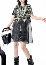 French Black O Neck Print Organza Two Pieces Set Summer