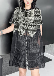 French Black O Neck Print Organza Two Pieces Set Summer