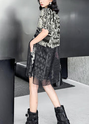 French Black O Neck Print Organza Two Pieces Set Summer