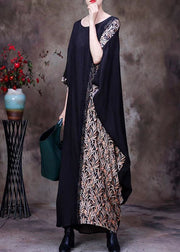 French Black O Neck Print Patchwork Silk Long Dresses Half Sleeve