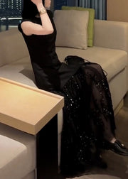 French Black O-Neck Sequins Patchwork Tulle Maxi Dress Short Sleeve