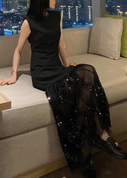 French Black O-Neck Sequins Patchwork Tulle Maxi Dress Short Sleeve